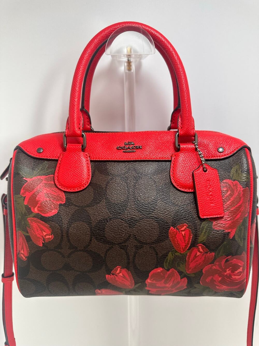 Coach Signature Rose Floral Satchel Red Brown Crossbody Shoulder Bag